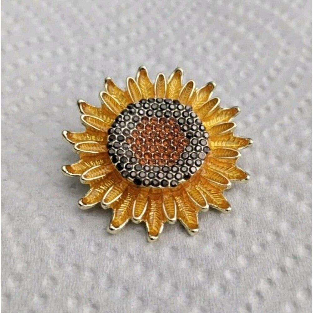 Sunflower Brooch 1.25" Diameter Enamel And Rhinestone